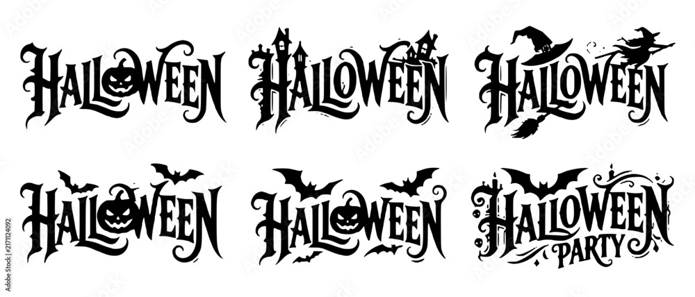Obraz premium Spooky Halloween Word Art Vector Collection with Bat and Haunted House Silhouettes, Gothic Typography, Lettering and Decorative Illustrations SVG, JPEG and PNG