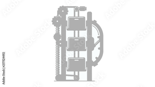 Industrial Elevator with Gears: A monochromatic illustration depicts an industrial elevator, complete with intricate gears and a chain mechanism, symbolizing efficiency and mechanical progress.