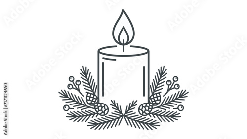 Festive Candle with Pine Sprigs: A simple, elegant line drawing of a lit candle surrounded by pine needles and pinecones, evoking a festive, winter holiday spirit.