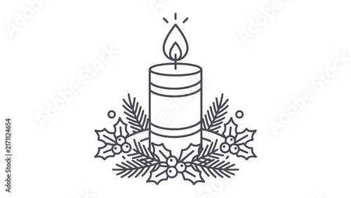 Festive Candle with Holly: A minimalist line art illustration of a Christmas candle adorned with holly sprigs and berries, evoking a sense of holiday cheer and warmth.