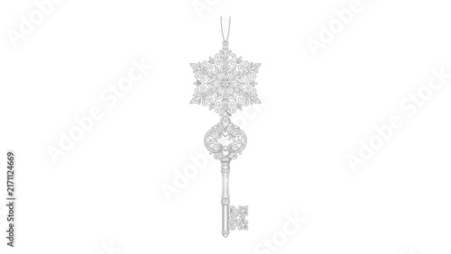 Ornate Snowflake Key Pendant: A dazzling, intricately designed key pendant resembling a snowflake, adorned with sparkling crystals, suspended by a delicate chain.