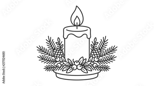 Christmas Candle Decoration: A festive Christmas candle, adorned with pine branches and holly berries, casts a warm glow, symbolizing the spirit of the holiday season.