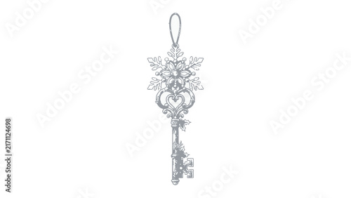 Ornate Snowflake Key Ornament: A stunningly detailed antique key, adorned with a delicate snowflake and intricate filigree, hangs as a charming ornament, evoking winter's magic and timeless elegance.