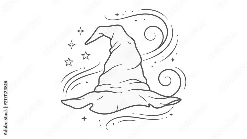 Fototapeta premium Magical Wizard Hat: A whimsical black and white illustration of a wizard's hat adorned with swirling magic and twinkling stars, evoking a sense of fantasy and enchantment.