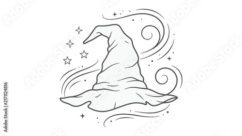 Magical Wizard Hat: A whimsical black and white illustration of a wizard's hat adorned with swirling magic and twinkling stars, evoking a sense of fantasy and enchantment.