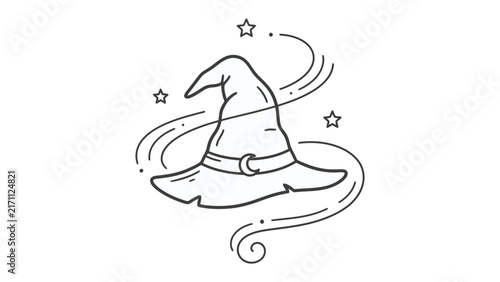 Wizard Hat Magic: A stylized outline of a witch's hat, adorned with a crescent moon emblem, surrounded by swirling magical energy and twinkling stars.