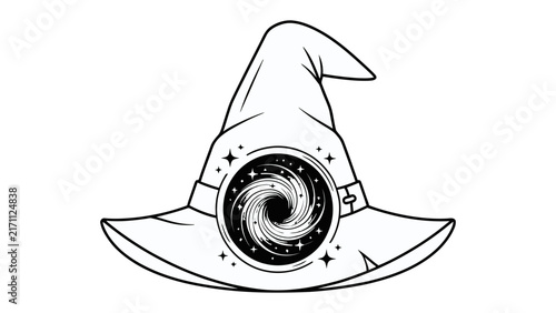 Wizard Hat with Swirling Galaxy: A whimsical wizard hat, rendered in a minimalist black and white outline, features a captivating swirling galaxy within its brim.