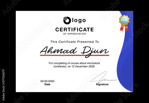 Modern Certificate of Appreciation Template with Elegant Blue and Red Abstract Design