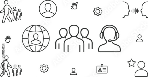 PrintBusiness Team and Human Resources Icon Set featuring Customer Support Communication Global Network and User Profile Outline Symbols for Web App Design