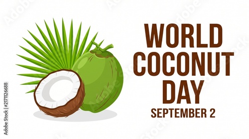 World coconut day illustration with green coconut and leaves