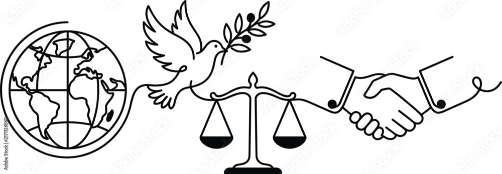 Fototapeta premium Global Peace Justice and Unity Concept Vector Banner Featuring Planet Earth Flying Dove with Olive Branch Scale of Justice and Handshake Line Art