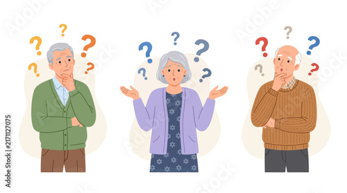 Canvas Print Elderly People Thinking and Confused with Question Marks Around Them - Diverse S