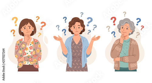 Foto Three women of different ages thinking with question marks, representing confusi