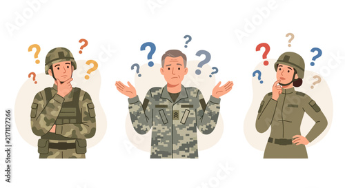 Konstfotografi Confused Soldiers with Question Marks Overhead - Military Decision Making, Uncer