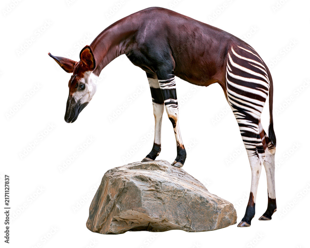 Naklejka premium Okapi animal pose bending down near stone rock object photography specimen