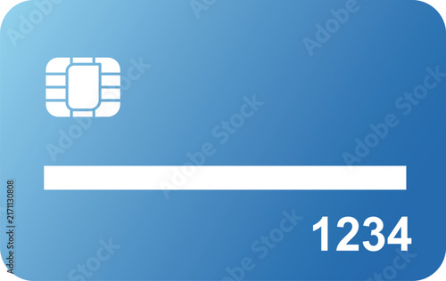 Blue credit card with emv chip, white horizontal stripe, and number 1234 on rounded rectangle
