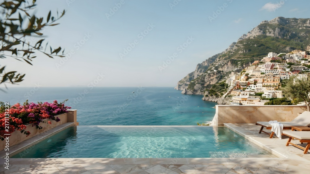 Fototapeta premium Scenic coastal view with infinity pool overlooking Mediterranean Sea and hillside village