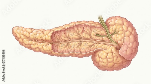 Detailed medical illustration of cow organ pancreas showing internal duct structure and islets of Langerhans on clean white background for study