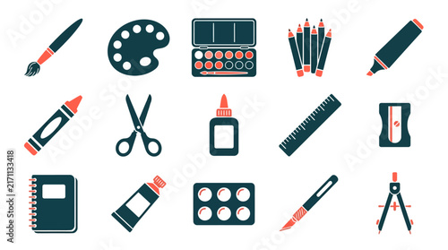 School Art Supplies Text Banner with Vector Illustration Style