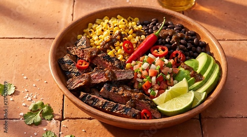 Healthy mexican burrito bowl with grilled beef steak corn black beans and fresh avocado slices. Fiery Mexican Dish