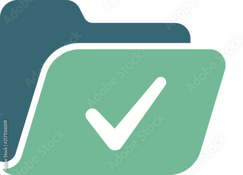 Flat of a dark teal and light green file folder with a white checkmark symbol included document