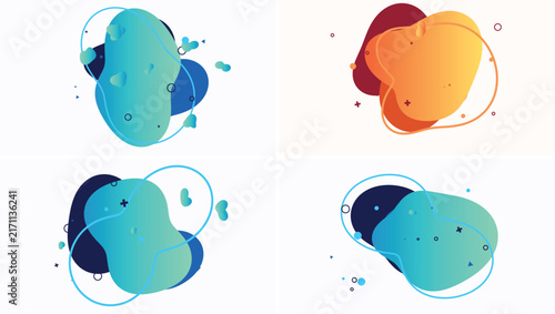 Set of four abstract liquid shapes with gradient colors, geometric symbols, and thin outlined curves
