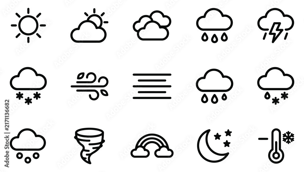 Naklejka premium Weather forecast and meteorological condition line icon set displaying sun clouds rain and storm symbols with forecast