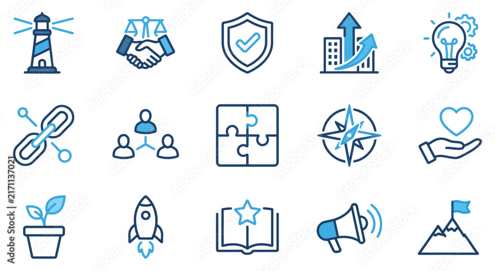 Fototapeta premium Collection of business success and leadership outline vector icons with lighthouse handshake rocket lightbulb