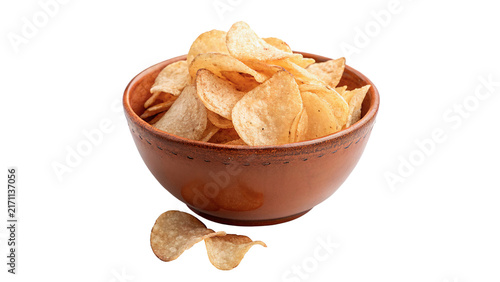 Quadro su tela Bowl of crispy salty potato chips fastfood snack single piece isolated on white
