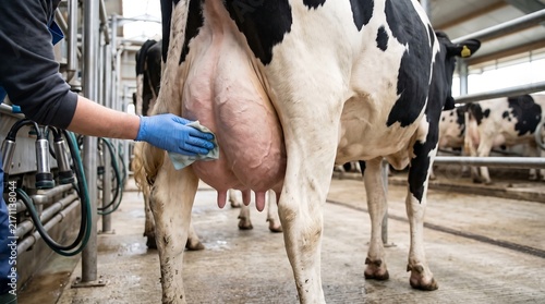 Professional farmer cleaning cow organ udder with blue gloves in modern dairy farm milking parlor environment before milking process begins