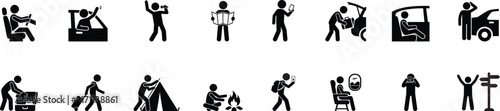 Road Trip Travel Adventure Stick Figure Silhouette Set Driving Camping Hiking Airplane Journey Vector Design