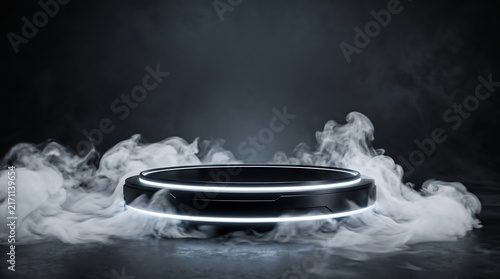 Futuristic Black Podium Stage with Glowing Neon Light Ring and Spooky Fog Smoke for Halloween Product Display Presentation