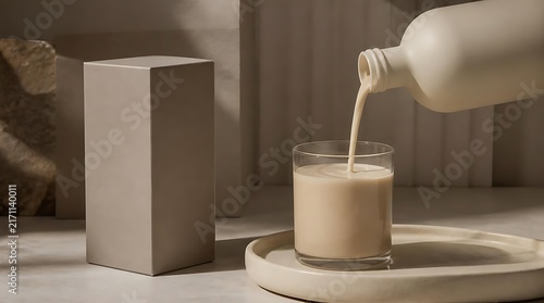 Pouring Milk into a Glass with a Carton Nearby.