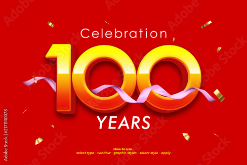 Bright Yellow Red 3D 100 Years Celebration Text Effect