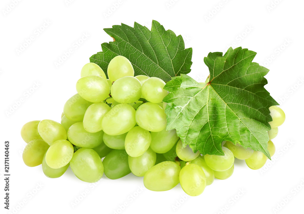 Fototapeta premium Bunch of fresh ripe grapes with green leaves isolated on white