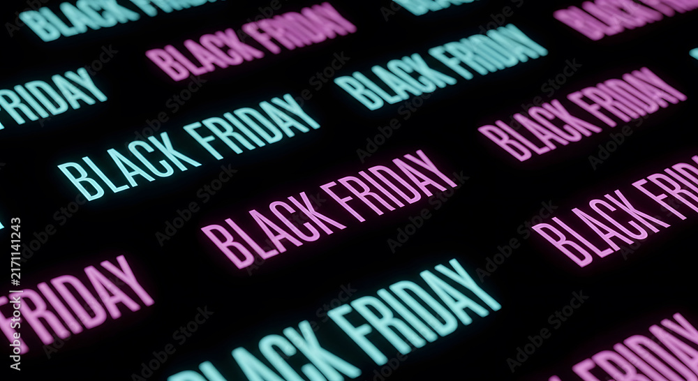 Obraz premium Black friday text in a repeating seamless pattern illuminated by glowing neon lights on a black background