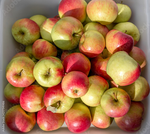 Fresh apples in a white container.