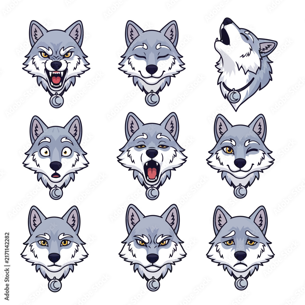 Fototapeta premium Cute cartoon wolf heads showing diverse facial expressions and moods