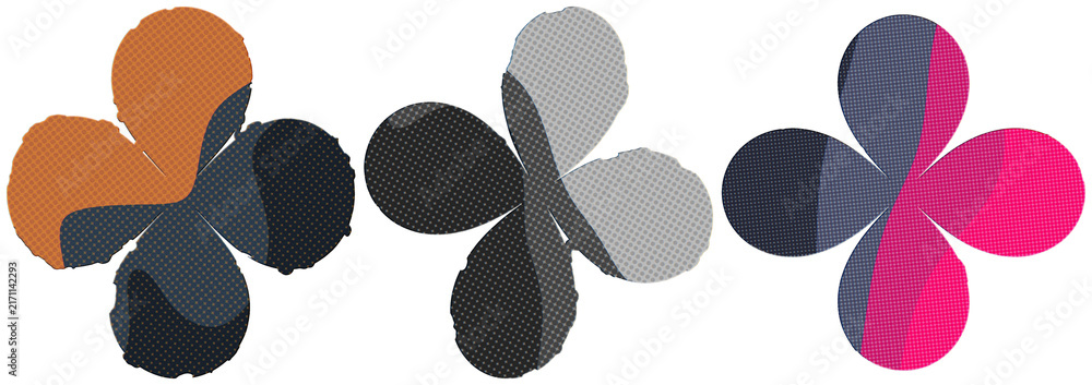 Naklejka premium A retro halftone collage of three stylized four-petal flowers in bold contrasting colors.