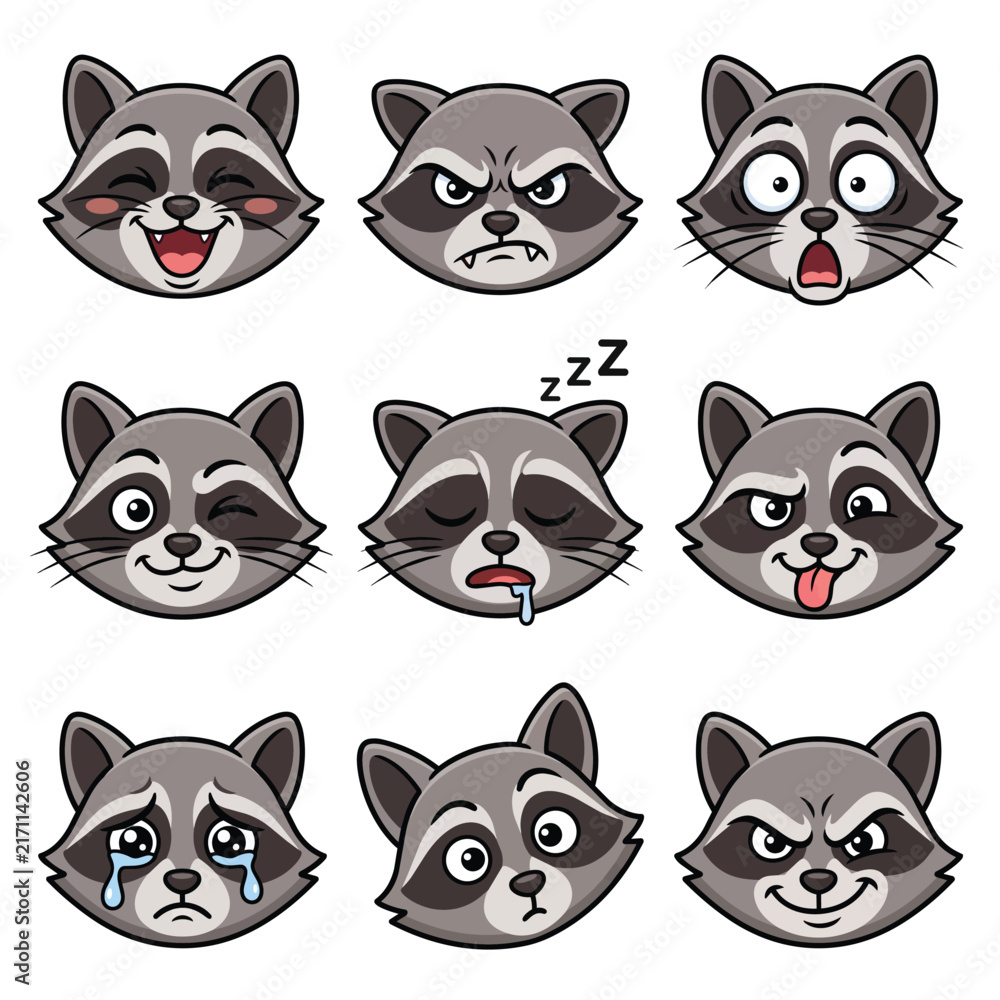 Fototapeta premium Cute raccoon expressions set with funny cartoon faces showing various moods