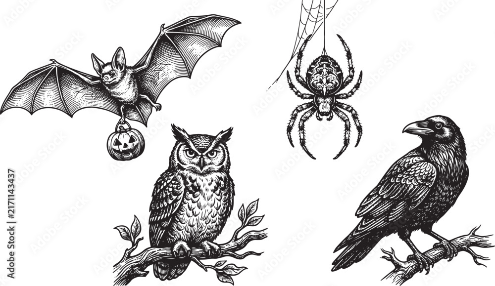 Naklejka premium Halloween vintage engraving set with bat, owl, spider and raven on white background