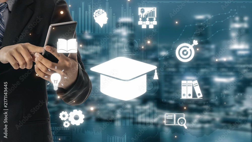 Naklejka premium Online education boosts access to learning. Learn anytime through flexible platforms. Education technology transforms how we learn. Digital learning creates new education experiences worldwide. Muxer