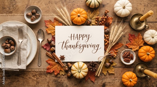 Happy Thanksgiving greeting card placed on a rustic wooden table with autumn decorations
