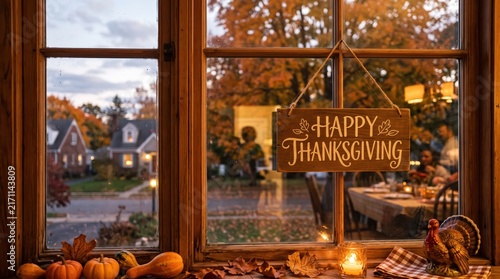 Happy Thanksgiving wooden sign hanging in a cozy home window with fall autumn decorations