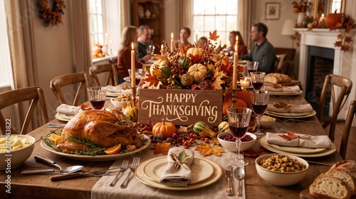 Happy Thanksgiving dinner table set with roasted turkey and family in a cozy dining room