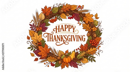 Happy Thanksgiving greeting card design with a beautiful autumn wreath of colorful leaves