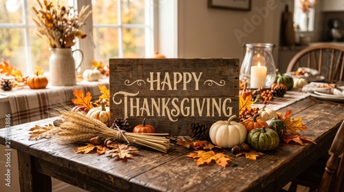 Happy Thanksgiving sign on a rustic wooden dining table decorated with pumpkins and fall leaves