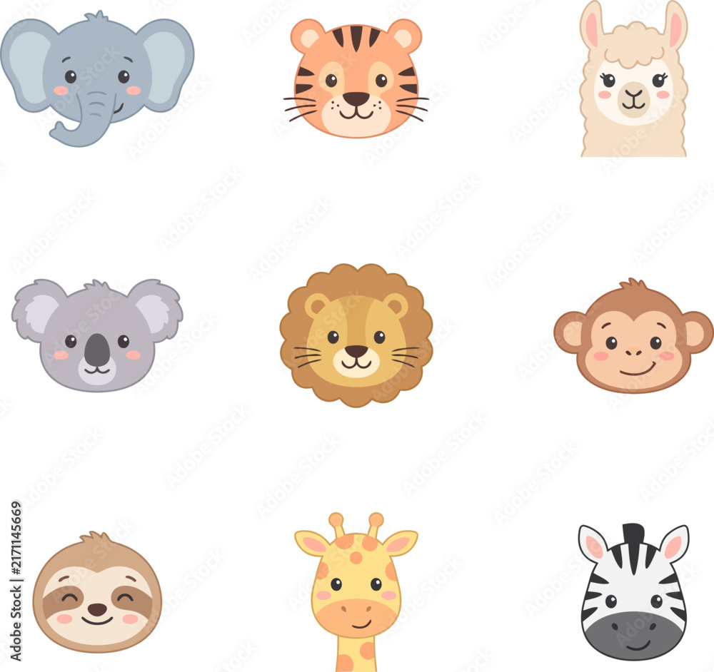 Naklejka premium Set of cute cartoon animal faces including elephant tiger llama koala lion monkey sloth giraffe and zebra