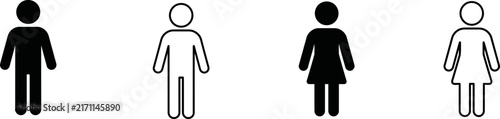 Foto Set of male and female stick figure icons in solid black and outlined styles for