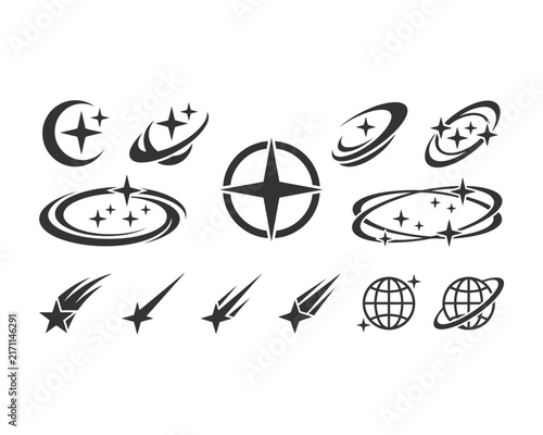 Minimalist celestial tech logo icons vector set with star orbits, globe symbols, shooting star trails, compass emblem